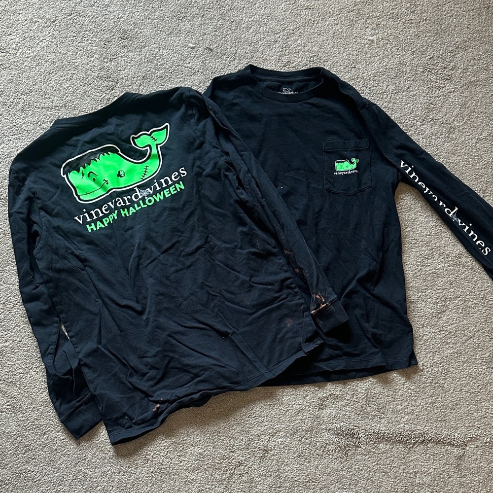 Vineyard Vines Black Long Sleeve Tee with Green Halloween Whale Graphic